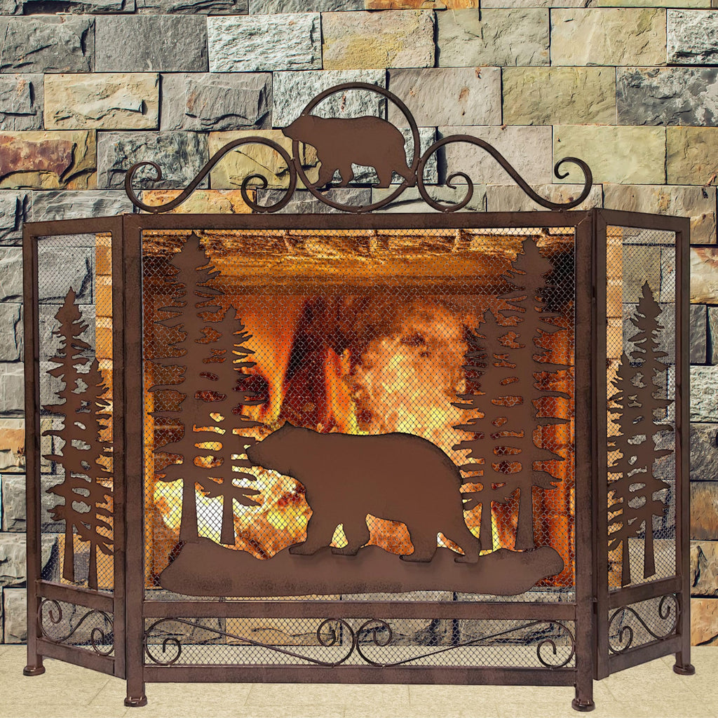 Bear in Forest Metal Fireplace Screen Lodge Cabin