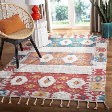 Saffron Collection Accent Rug, Rust & Beige, Handmade Moroccan Boho Tassel Wool, Ideal for High Traffic