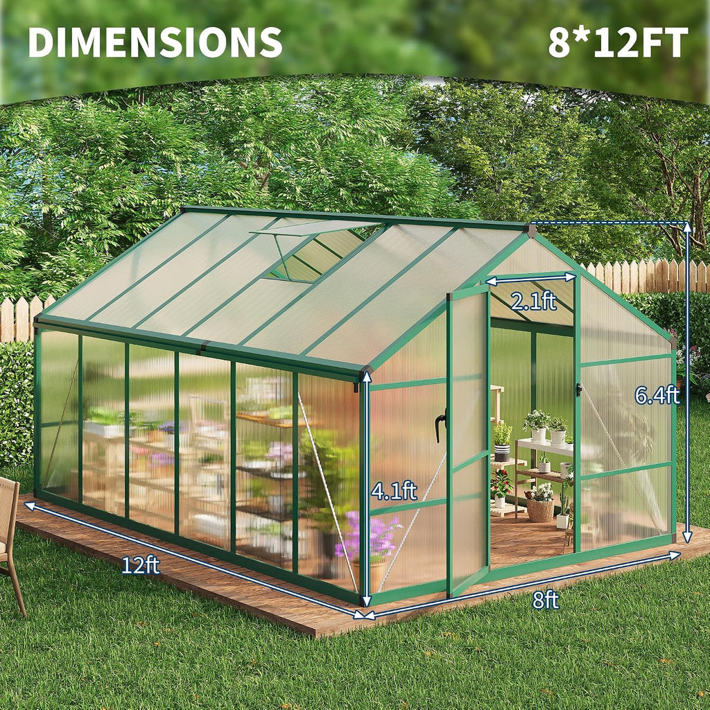 8x12ft Walk-in Greenhouse, Heavy Duty Large Outdoor Green House | Polycarbonate Garden Greenhouse with Roof Vent