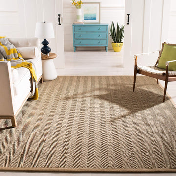 Area Rug 9x12 - Natural Fiber - Large - Natural & Beige, Seagrass, Herringbone Pattern with Border