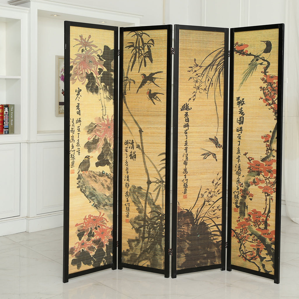 Decorative 4 Panel Folding Room Divider Bamboo Screen with Chinese Calligraphy Design, 6FT Freestanding Floral