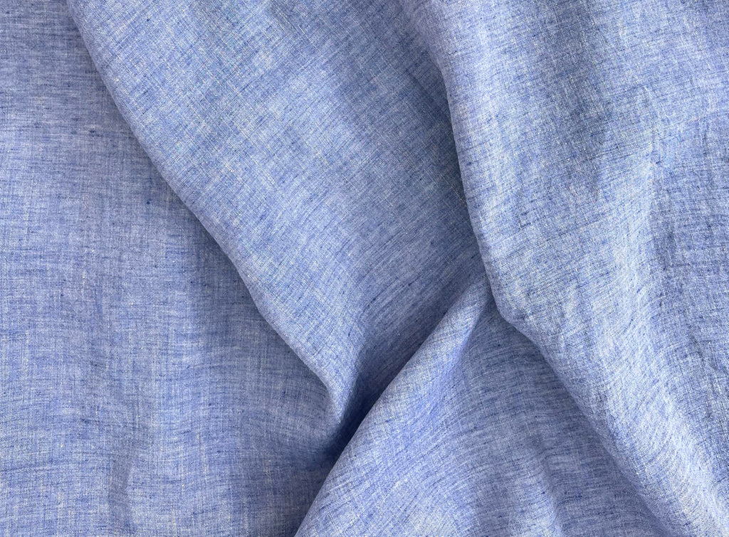 100% Linen Fabric - Yarn Dyed Chambray, Pre-Washed, Lightweight Crisp & Cool Handfeel, 52-54" Wide - (Dusky Blue