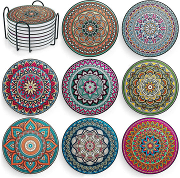 Mandala Drink Coasters with Holder - 8 Set Ceramic Boho Coaster for Drinks Absorbent with Cork Base and Black Holder - Set of 9