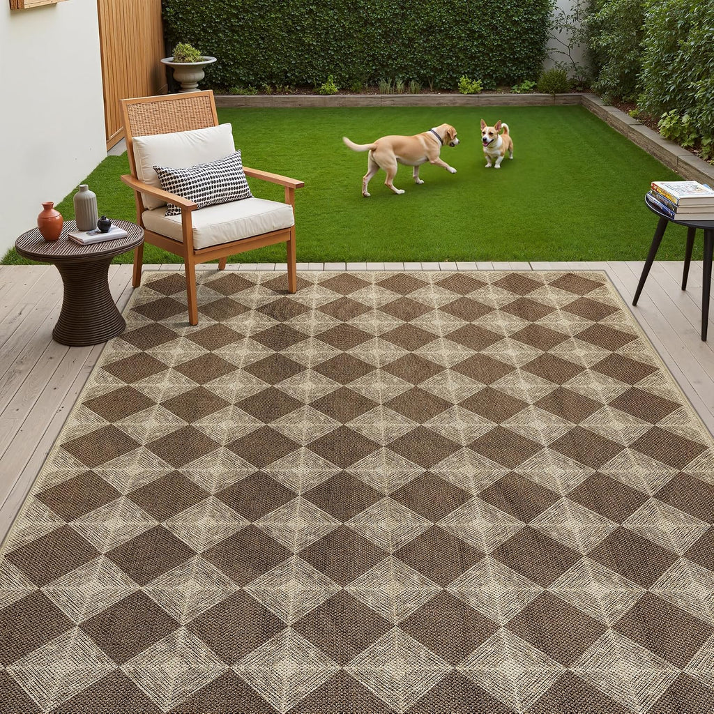 5x7 Checkered Easy Jute Rug - Washable Non-Slip Indoor Outdoor Carpet, Brown Textured Diamond Pattern, Neutral Area