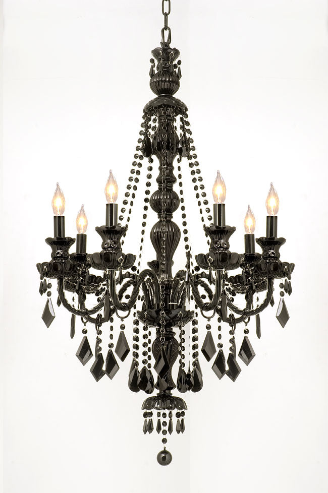 Jet Black 7 Light Crystal Chandelier - Murano Venetian Style, H37.5" x W26" - G46-BLACK/490/7