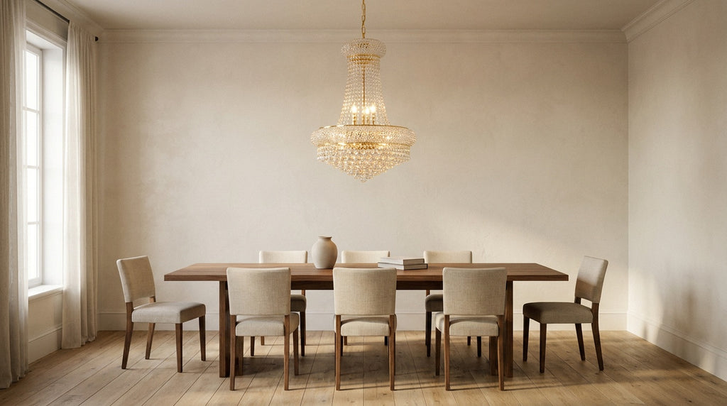 French Empire 24x32 gold crystal chandelier over a walnut dining table