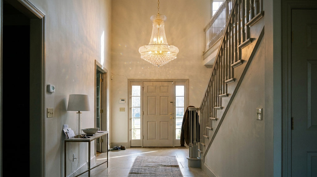French Empire 24x32 gold crystal chandelier lighting a two-story entryway foyer