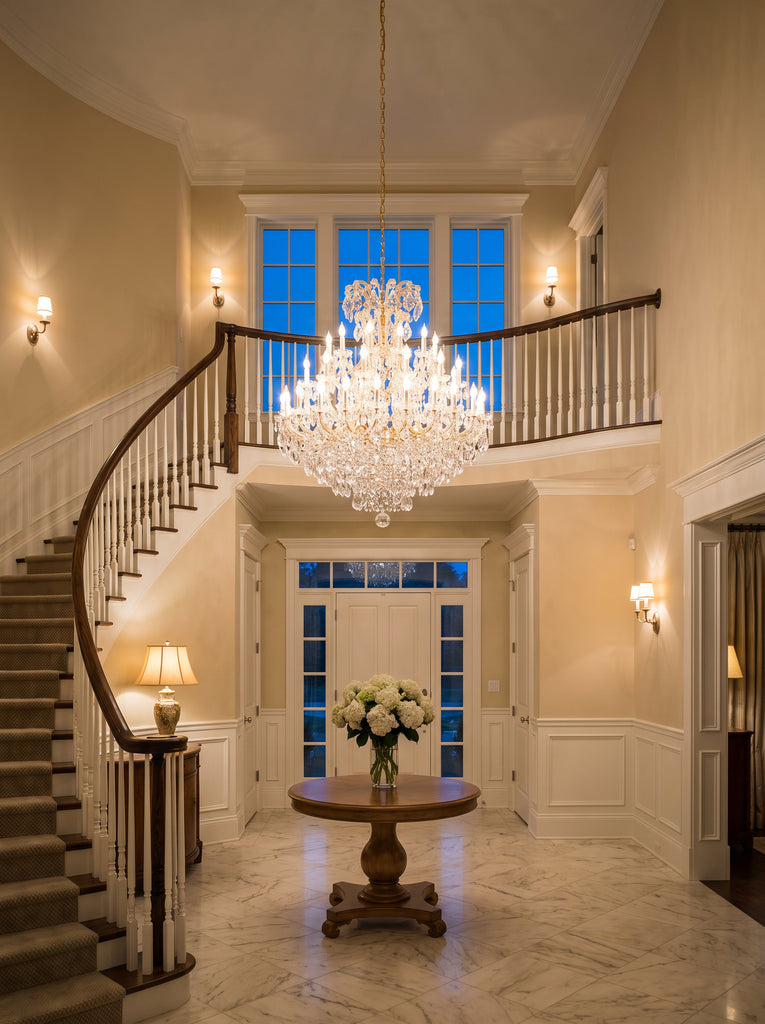 Large Foyer Maria Theresa Empress Crystal Chandelier in gold finish hanging in a two-story entryway with curved staircase, 60 inches tall by 52 inches wide