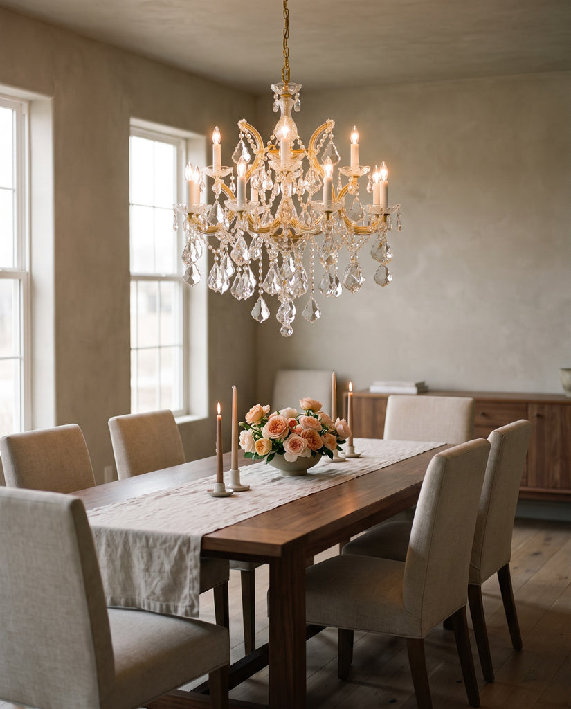 Gold Maria Theresa style crystal chandelier H30" x W28" over a walnut dining table