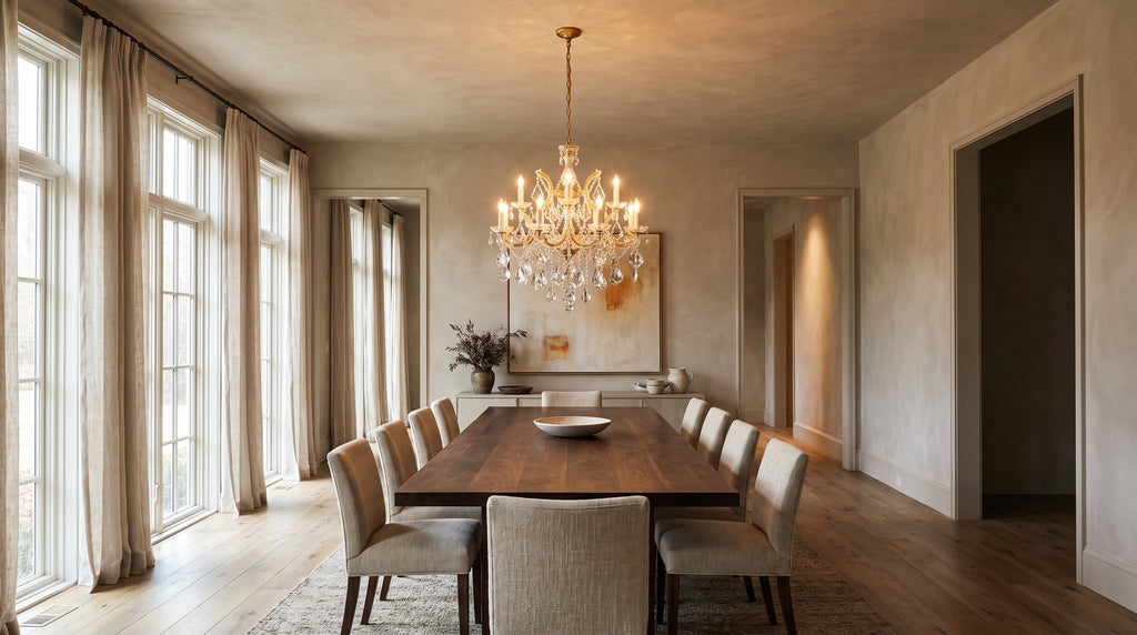 Gold Maria Theresa style crystal chandelier in an elegant dining room with tall windows
