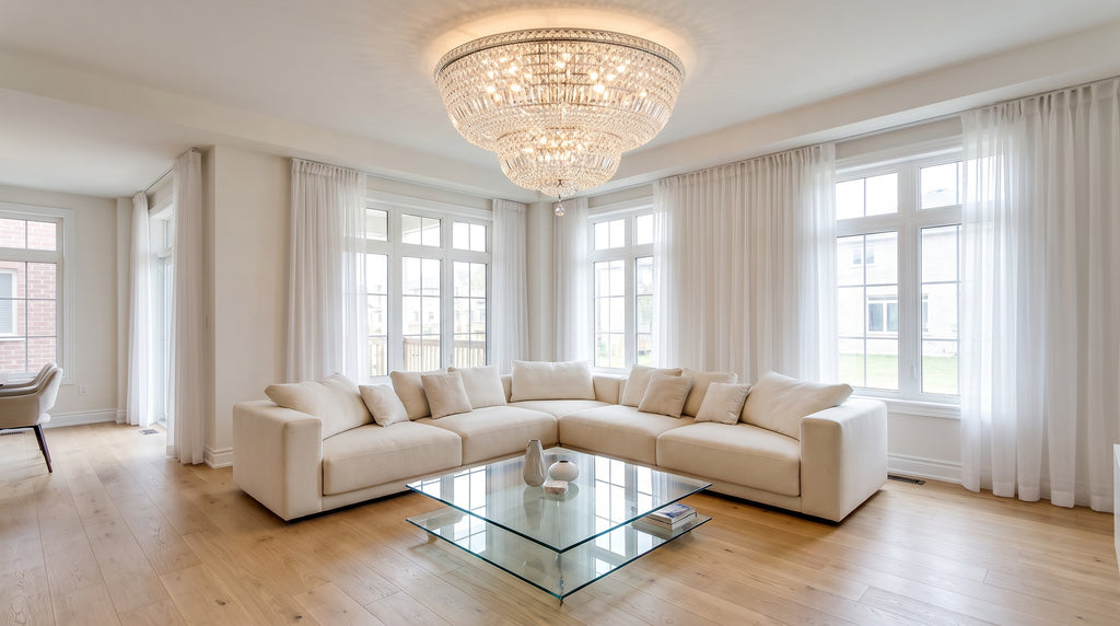 16-Light chrome crystal flush mount chandelier installed in a bright modern living room