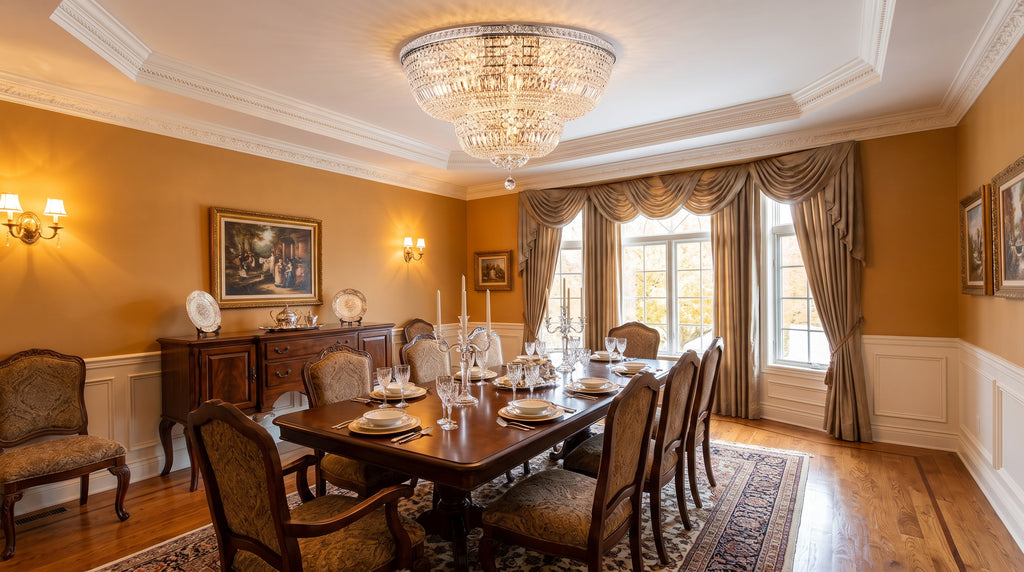 16-Light chrome crystal flush mount chandelier above a formal dining table