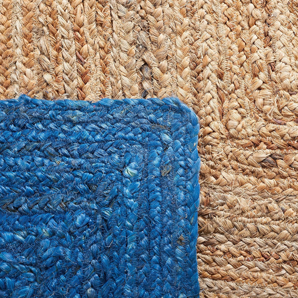 Natural Fiber Collection Area Rug - 6' Square, Natural & Blue, Handmade Flat Weave Boho Farmhouse Rustic Border Jute