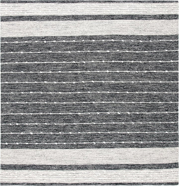 Striped Kilim Collection Area Rug - 7' Square, Black & Ivory, Handmade Stripe Cotton, Ideal for High Traffic Areas