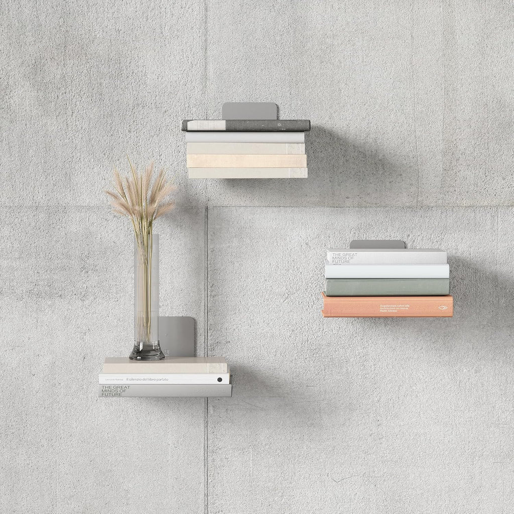 Conceal Floating Bookshelf, Metal Wall Shelf, Set of 3, Large, Silver | Powder coated steel, holds 15 lbs each