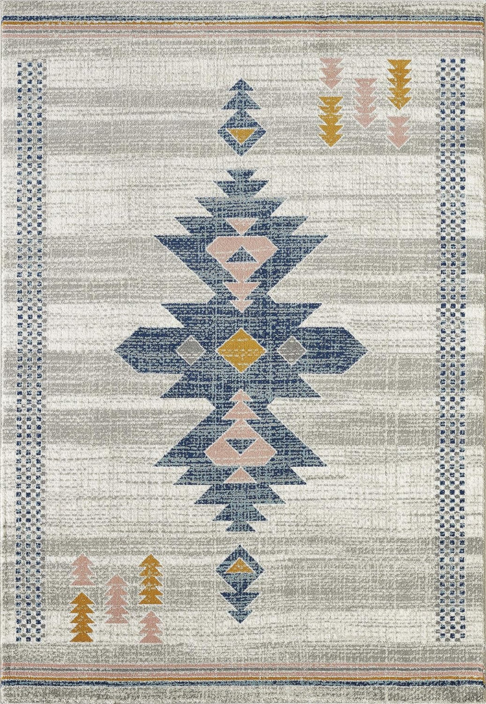 Porto Collection Southwestern Area Rug, Rectangular Turkish Beige & Blue Tribal Print Accent Rug Rugs