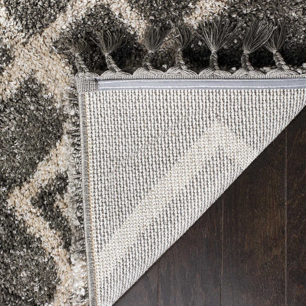 Moroccan Fringe Shag Collection Area Rug, Grey & Cream, Boho Tribal Design, Non-Shedding & Easy Care
