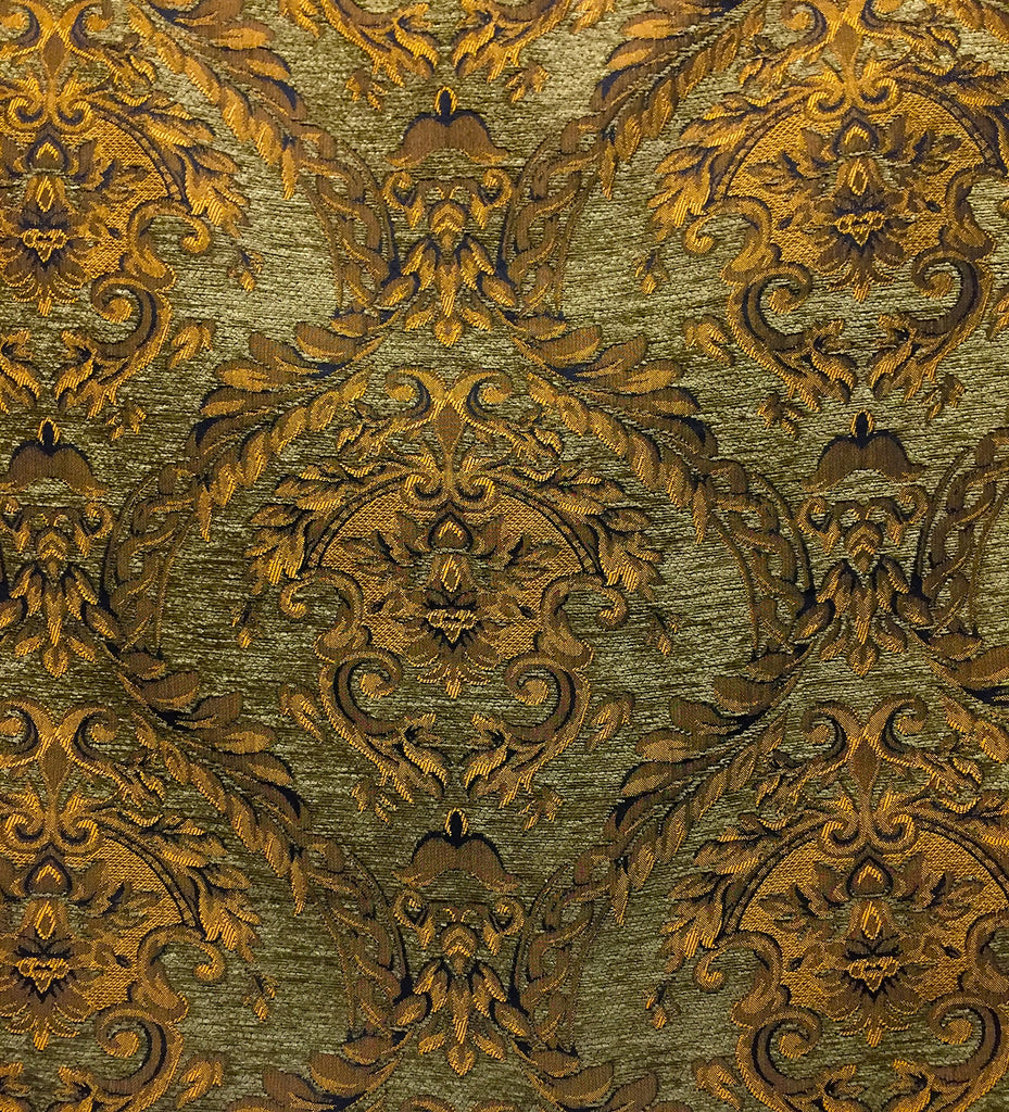 Tapestry Chenille Fabric - Upholstery Fabric, Olive Green / Gold - 60" Width - Sold Bty