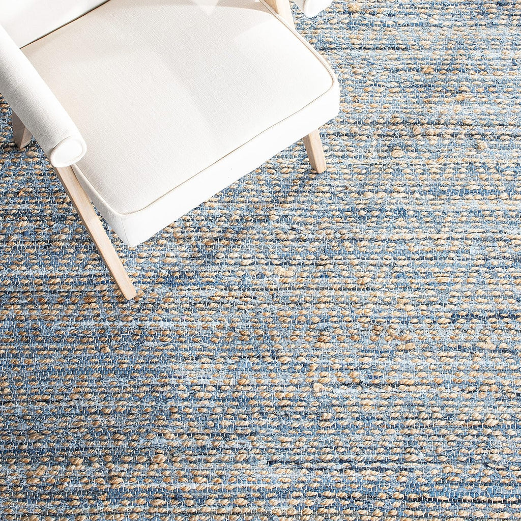 Area Rug - Cape Cod Collection - Large - Natural & Blue, Handmade Flat Weave Braided Jute, Ideal, Dining Space
