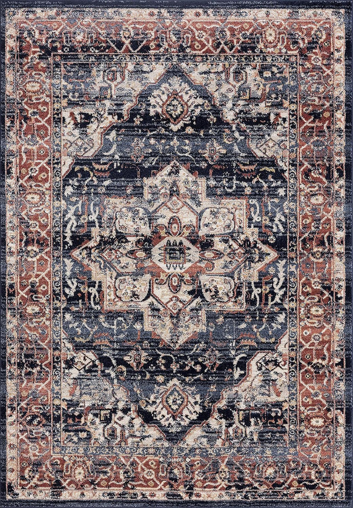 Navy & Beige Vintage Area Rug, Babylon Collection - Turkish Oriental Medallion Distressed Accent Rug Rugs