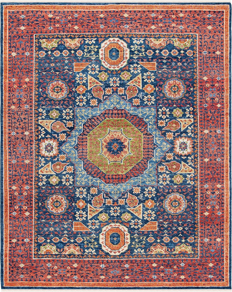 Samarkand 8' x 10' Red/Blue Hand-Knotted Traditional Oriental Medallion Premium Wool Dining Area Rug