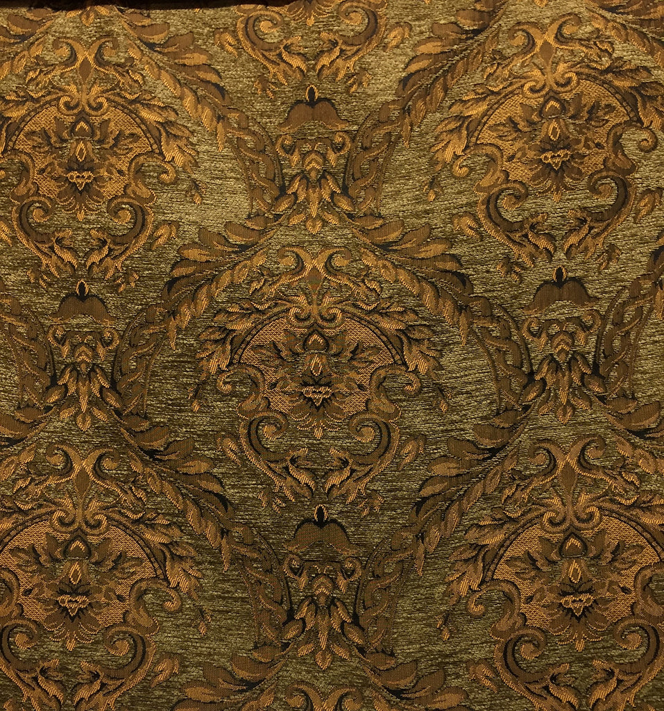 Tapestry Chenille Fabric - Upholstery Fabric, Olive Green / Gold - 60" Width - Sold Bty