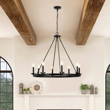 Casimir 8-Light 34" Antique Black Wagon Wheel Chandelier