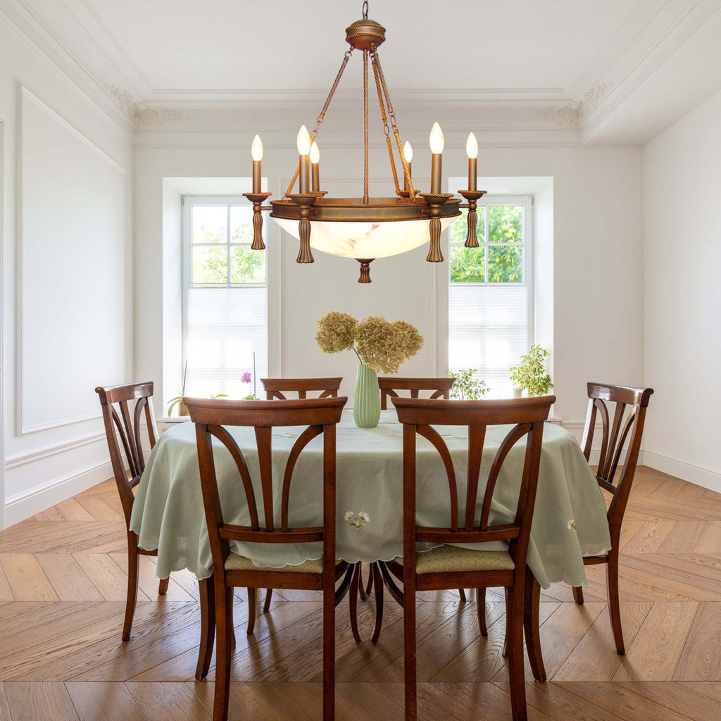 Clifden 10-Light Indoor Italian Dusk Wagon Wheel Chandelier with Faux Alabaster Glass Bowl Shade