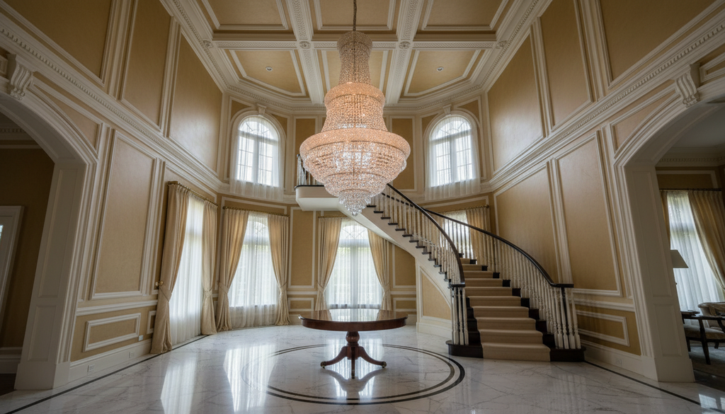 French Empire Silver Crystal Chandelier H50xW30 in Grand Staircase