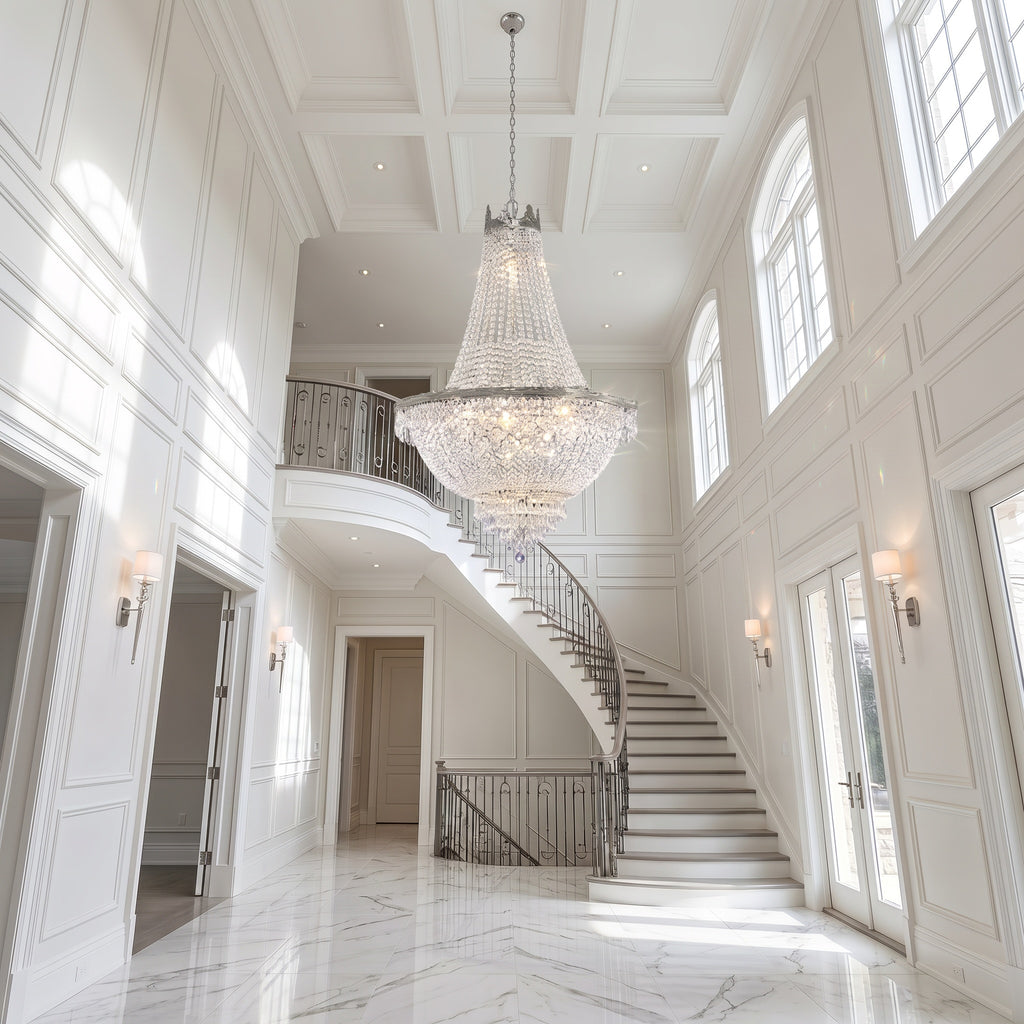 French Empire silver crystal chandelier in a bright white two-story foyer with staircase