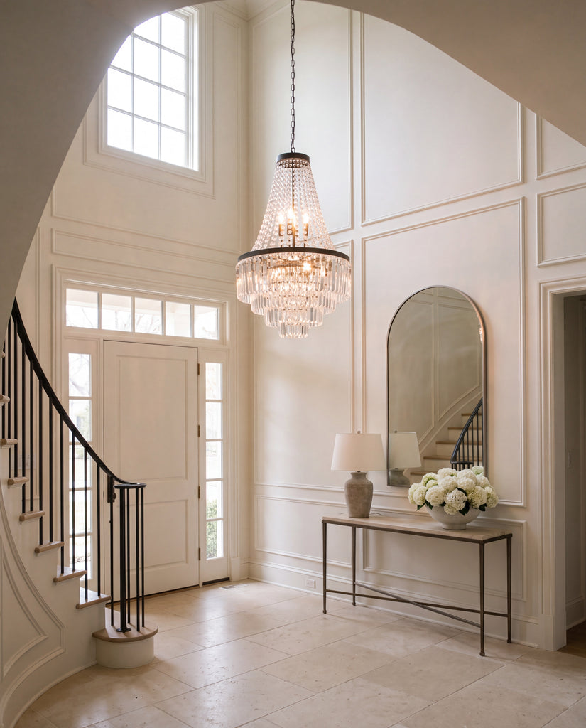 Inspired Odeon Style crystal glass fringe 4-tier chandelier shown installed in a room