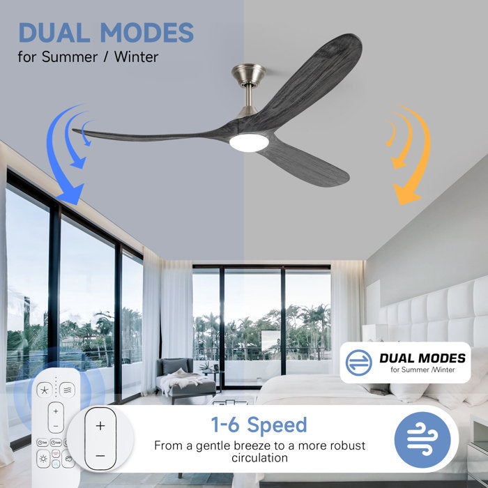 Inspired Maverick Style Gray Solid Wood 3 Blade Ceiling Fan With Light Dc Motor, Reversible, Remote Control 60 inch A101-W113890826-60