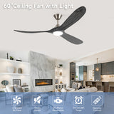 Gray Solid Wood 3 Blade Ceiling Fan With Light Dc Motor, Reversible, Remote Control 60 inch A101-W113890826-60