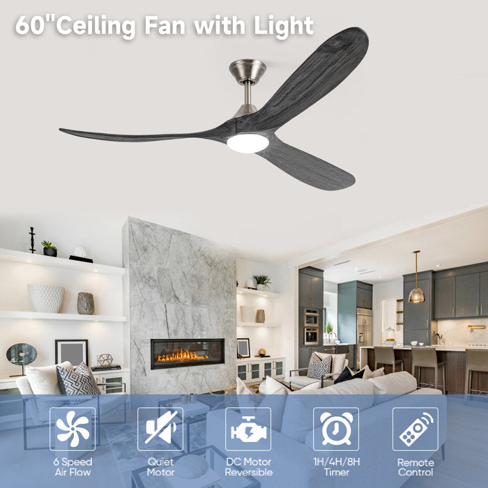 Inspired Maverick Style Gray Solid Wood 3 Blade Ceiling Fan With Light Dc Motor, Reversible, Remote Control 70 inch A101-W113890826-70