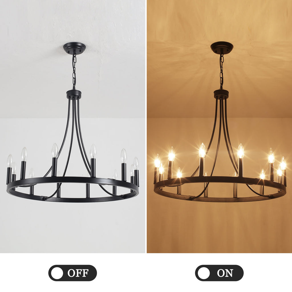 Hendon 12-Light Large Farmhouse Wagon Wheel Chandelier Candle Style Rustic Round Lights Fixture for Kitchen Island Living Room Foyer Entryway