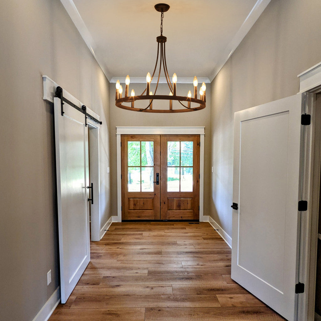 Hendon 12-Light Large Farmhouse Wagon Wheel Chandelier Candle Style Rustic Round Lights Fixture for Kitchen Island Living Room Foyer Entryway