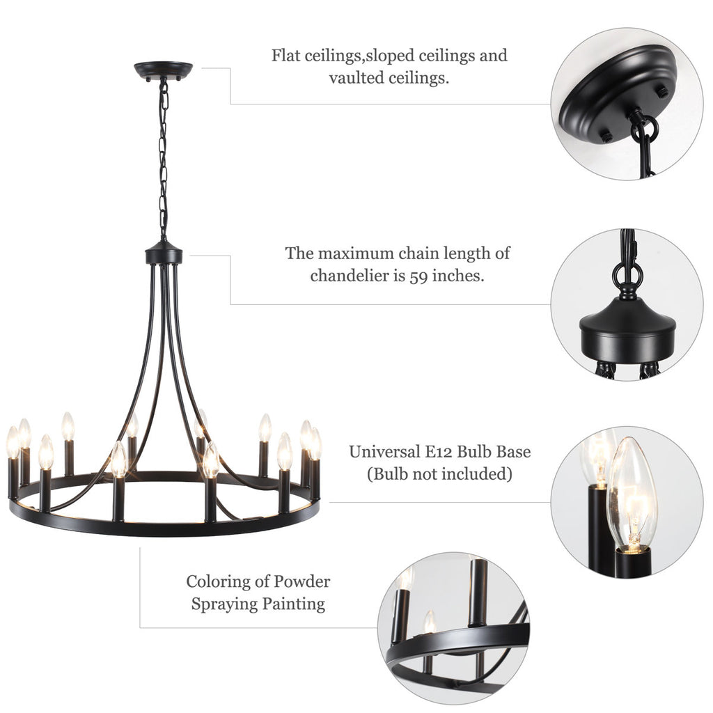 Hendon 12-Light Large Farmhouse Wagon Wheel Chandelier Candle Style Rustic Round Lights Fixture for Kitchen Island Living Room Foyer Entryway