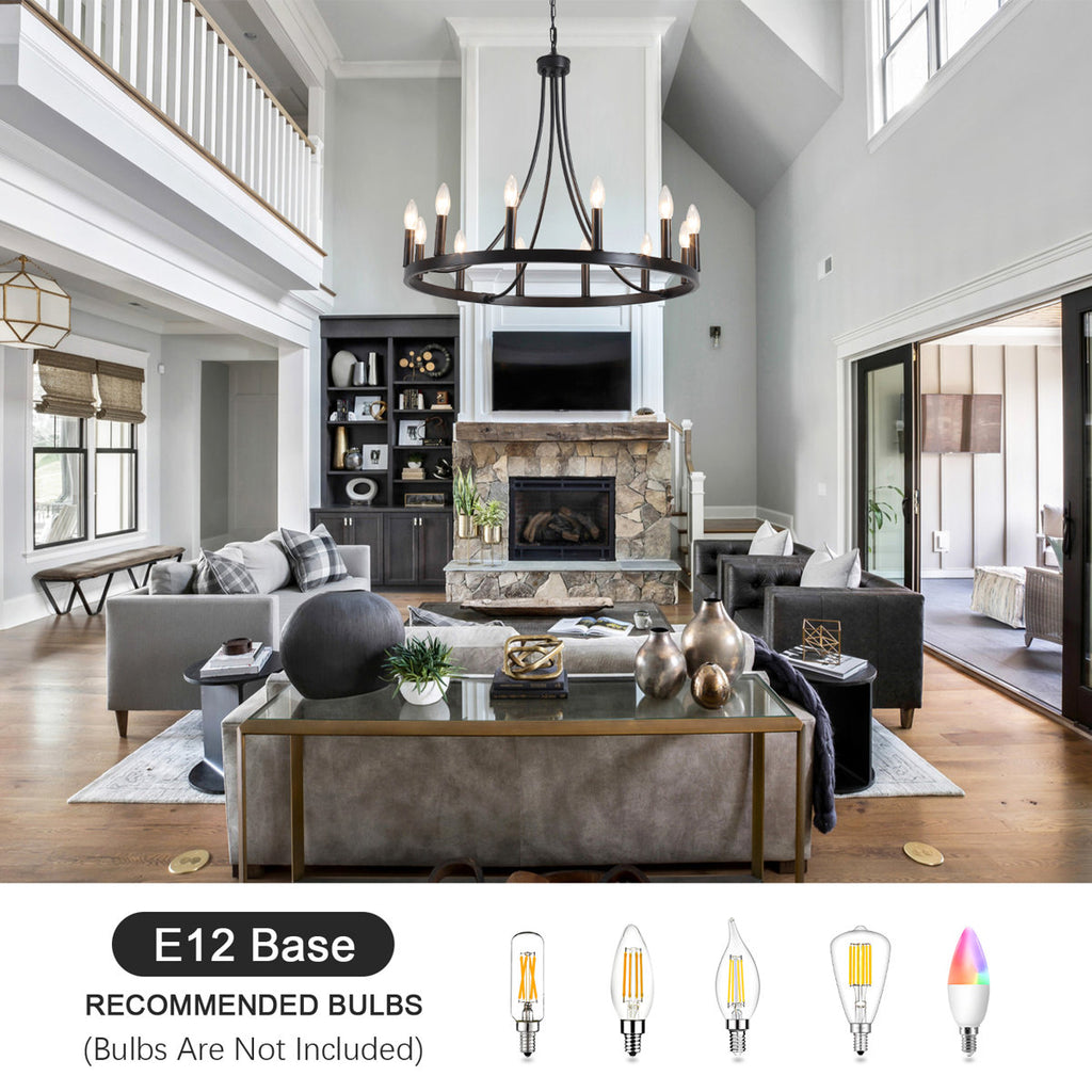 Hendon 12-Light Large Farmhouse Wagon Wheel Chandelier Candle Style Rustic Round Lights Fixture for Kitchen Island Living Room Foyer Entryway