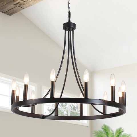 Hendon 12-Light Large Farmhouse Wagon Wheel Chandelier Candle Style Rustic Round Lights Fixture for Kitchen Island Living Room Foyer Entryway
