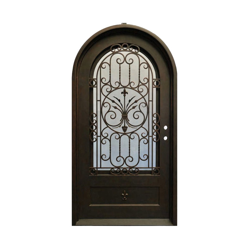 81-Inch Arched Wrought Iron Entry Door — Ivy Crest Botanical Scrollwork, Single Door, Antique Bronze, Insulated Tempered Glass