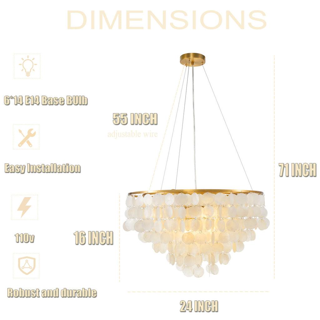 Ladaniel 6-Light Dimmable Gold Chandelier with White Round Shells