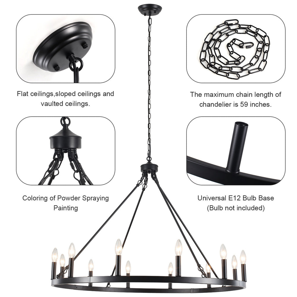 Moomal 12-Light Farmhouse Candle Dimmable Wagon Wheel Chandelier for Living Room Kitchen Island Dining Foyer