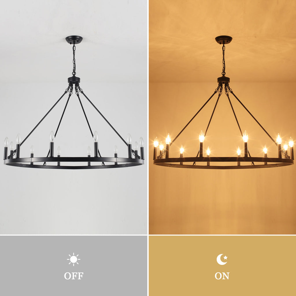 Moomal 12-Light Farmhouse Candle Dimmable Wagon Wheel Chandelier for Living Room Kitchen Island Dining Foyer