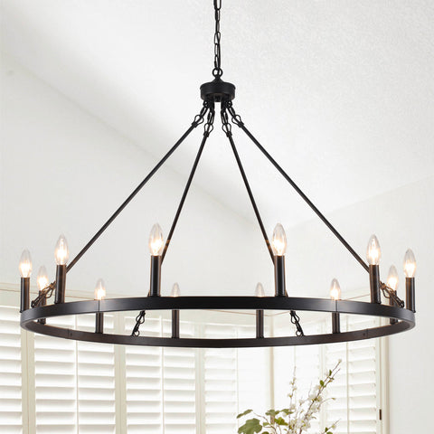 Moomal 12-Light Farmhouse Candle Dimmable Wagon Wheel Chandelier for Living Room Kitchen Island Dining Foyer
