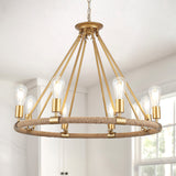 Orris 8-Light 30"W Dimmable Farmhouse Wagon Wheel Chandelier Rustic Rope Round Fixture for Dining Living Kitchen Island Spaces