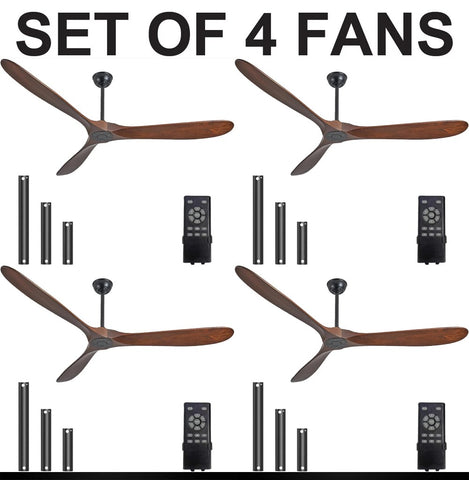 Set of 4 - 60" Ceiling Fans Without Lights, 60 Inch Outdoor Ceiling Fans no Lights, 3 Blade Solid Wood Damp Rated Ceiling Fan with Remote Control for Living Room Gazebo Farmhouse/Patios Porch - Dark Walnut