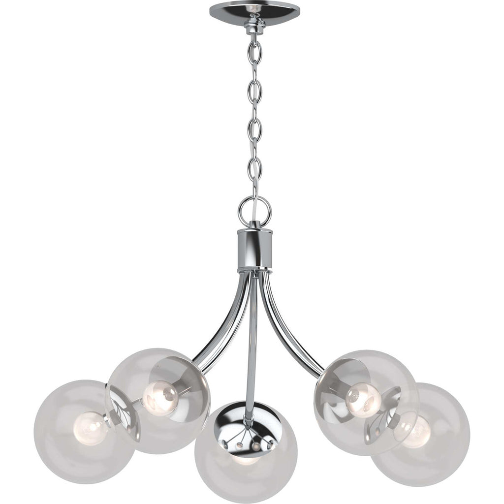 V2125 Clover 5-Light Indoor Chrome French-Inspired Hanging Chandelier with Clear Round/Sphere/Orb/Globe Glass Shades