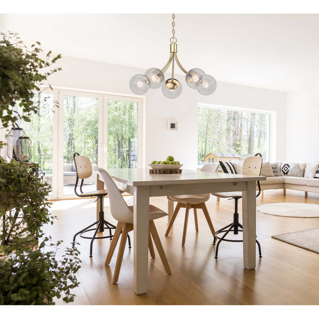 V2125 Clover 5-Light Indoor Chrome French-Inspired Hanging Chandelier with Clear Round/Sphere/Orb/Globe Glass Shades