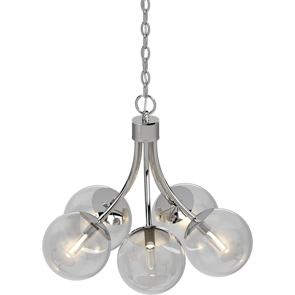 V2125 Clover 5-Light Indoor Chrome French-Inspired Hanging Chandelier with Clear Round/Sphere/Orb/Globe Glass Shades