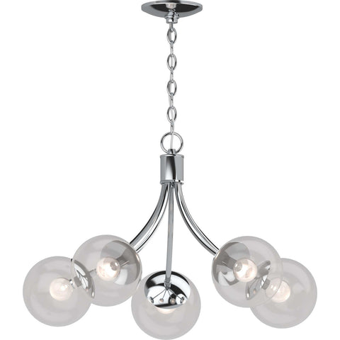 V2125 Clover 5-Light Indoor Chrome French-Inspired Hanging Chandelier with Clear Round/Sphere/Orb/Globe Glass Shades